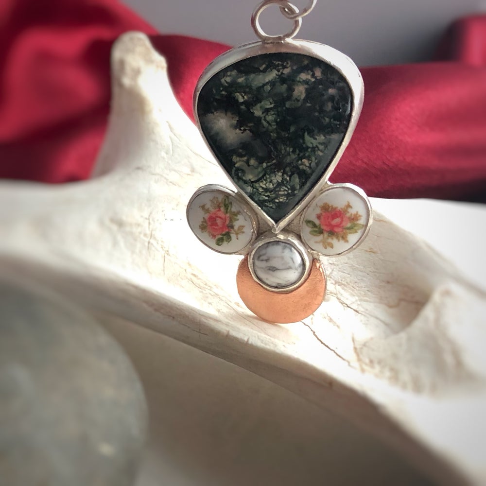 Moss Agate Amulet Necklace with Howlite and Vintage Glass